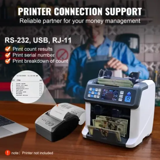 VEVOR Money Counter Machine, Bill Counter with Mixed Denomination, 2CIS, SN, UV, IR, MG, DD Counterfeit Detection, Multi Currency, Value Counting image {6}