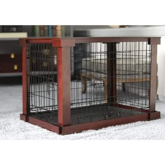 Merry Products 2 Door Decorative Pet Kennel with Wooden Protection Cover, Divider Insert, and Removable Tray End or Side Table, Large, Brown image {2}