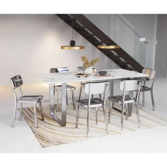Modern Rectangular Faux Marble Dining Table - Stone, Brushed Stainless Steel - ZM Home image {7}