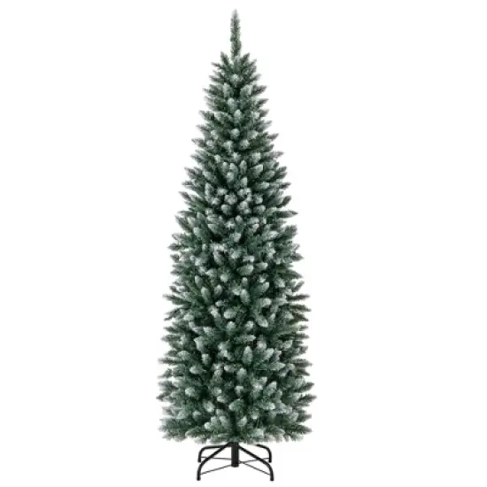 Costway 6FT/9FT Pre-Lit Christmas Tree Hinged Slim Pencil Xmas with 250/500 LED Lights image {9}