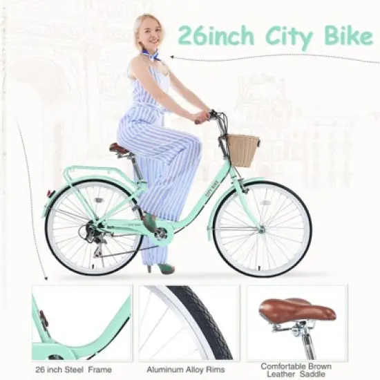 INFURNIC Bicycles 7 Speed City Bike with Basket and Steel Frame for Girls Commuter and Leisure Riding, Green, 66.93"*24.8"*41.34" image {4}