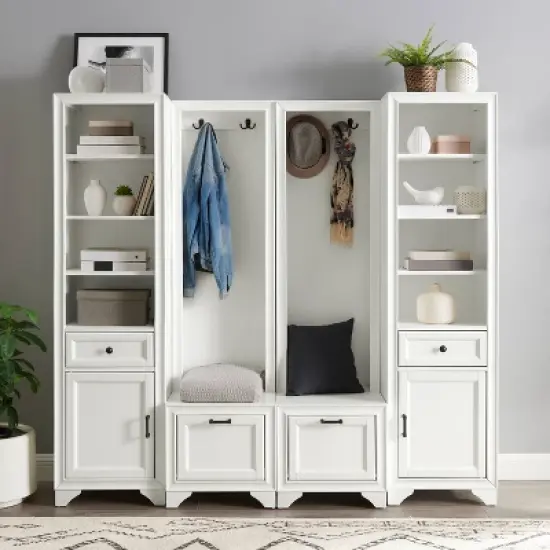 4pc Tara Entryway Set - 2 Hall Trees and 2 Linen Cabinets Distressed White - Crosley image {4}