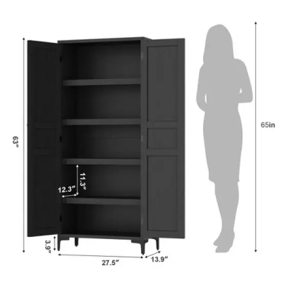 63 " Kitchen Pantry Cabinet 5 Tier Bathroom Cabinet with 4 Doors Adjustable Shelves image {2}