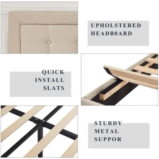 VECELO Twin/Full/Queen Size Upholstered Bed Frame Button Tufted Adjustable Headboard image {6}