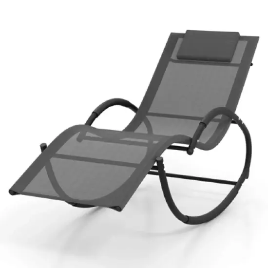 Costway 1/2 PCS Outdoor Rocking Lounge Chair with Removable Headrest Breathable Backrest & Seat Grey image {9}