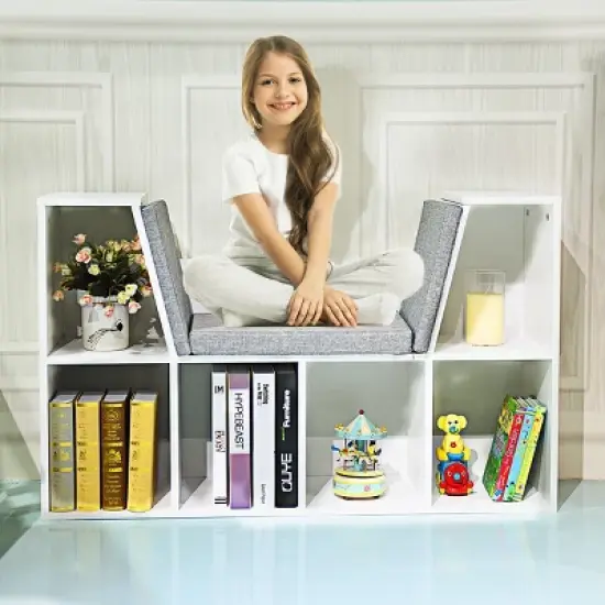 Costway 6 Cubby Kid Storage Cabinet Bookcase Multi-Purpose Shelf Cushioned Reading Nook image {8}