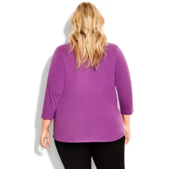 Women's Plus Size Notch Neck 3/4 Sleeve Plain Tee - deep lilac | AVENUE image {1}
