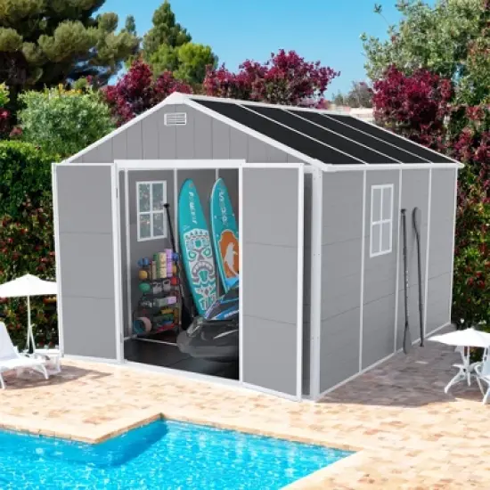 8*8ft resin storage shed, high quality pp material, strong structure, waterproof, rust and UV proof, large storage space, HD window lighting image {13}
