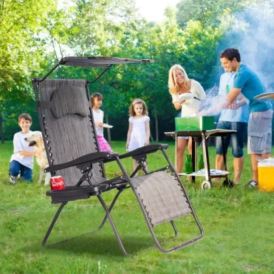 Costway Folding Recliner Zero Gravity Lounge Chair W/ Shade Canopy Cup Holder Gray image {3}