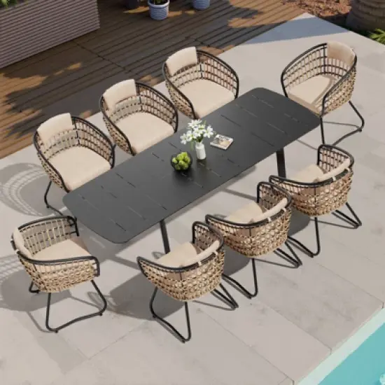 Crestlive Products Aluminum 9pc Extendable Patio Dining Set with Butterfly Leaf Rectangular Extension Table Expandable Outdoor Table with chairs image {1}