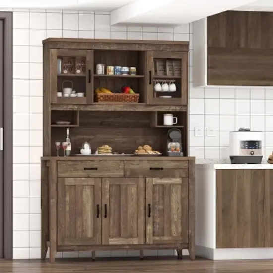 Costway Kitchen Pantry Cabinet with Microwave Countertop Double Glass Doors 2 Drawers image {4}