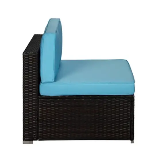 6pc Outdoor Rattan Wicker Set with Sofas, Chairs, Coffee Table & Ottoman - Brown/Blue - GODEER image {4}