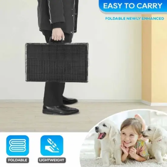 FDW Dog Crate for Small Dogs 18 Inch Folding Metal Wire Pet Cage Double Door W/Divider Panel Indoor Outdoor Kennel Leak-Proof Plastic Tray, Black image {4}