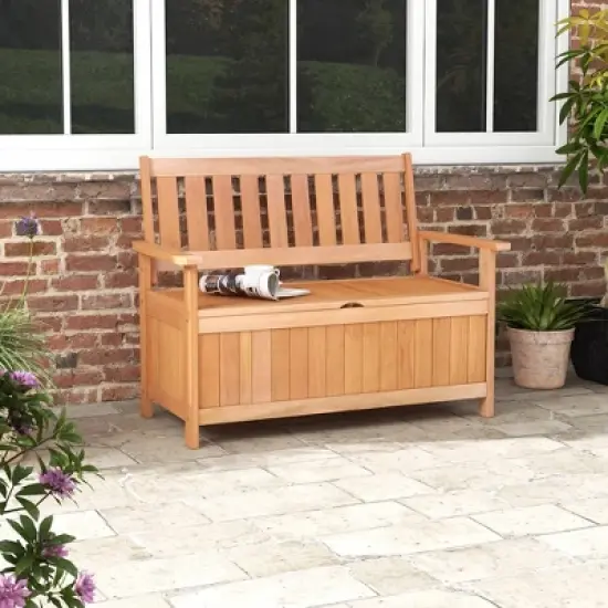 Costway 48 Inch Patio Storage Bench Wood Loveseat with Slatted Backrest for Backyard image {1}