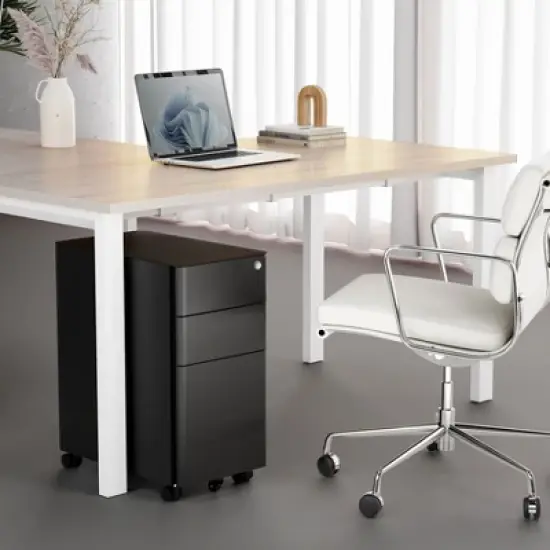 Mount-It! Mobile File Pedestal Cabinet with 3 Drawers & Lock | Slim Design Under Desk Storage & Organizer for Files, Folders & Office Supplies | Black image {2}