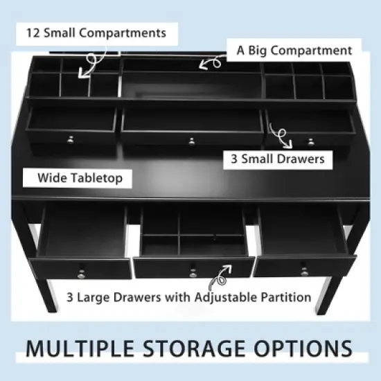 Costway Vanity Table Stool Set Large Tri-folding Lighted Mirror 6 Drawer Dresser White\Black image {4}
