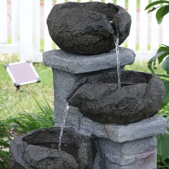 Sunnydaze Outdoor Polyresin Solar Powered Stone Bowls Water Fountain with LED Lights and Backup Battery - 30" image {5}