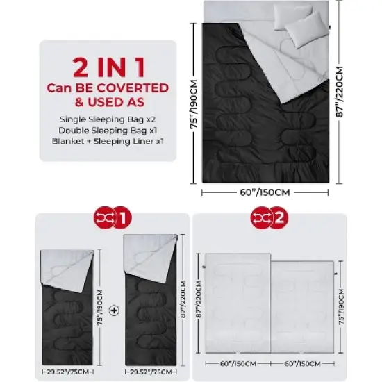 Ohuhu Double Sleeping Bag for Adults with 2 Pillows, Queen Size Two Person Sleeping Bag for Camping image {2}