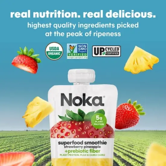 NOKA Superfood Fruit Smoothies + Prebiotic Fiber & Flax Strawberry Pineapple Pouches - 4.22oz/4pk image {6}