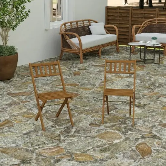 Merrick Lane Set of 2 Solid Acacia Wood Armless Folding Patio Bistro Chairs with Slatted Backs and Seats in Natural Finish image {2}