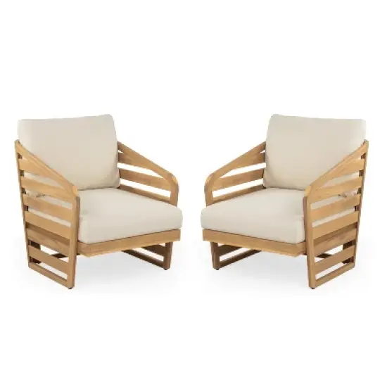 Christopher Knight Home Venteb Patio Slat Design Acacia Wood Upholstered Club Chair, Teak/Beige, Set of 4 image {9}