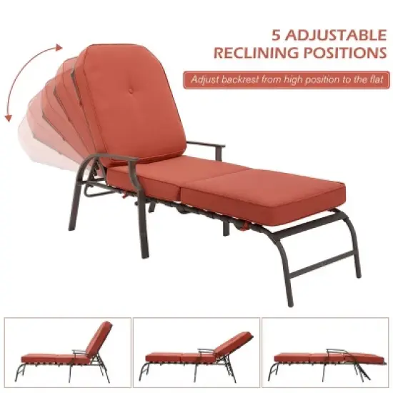 COWLOWN Orange Adjustable Outdoor Chaise Lounge Chair, Patio Recliner with Armrest and Cushion, Ideal for Deck, Poolside, Backyard image {5}