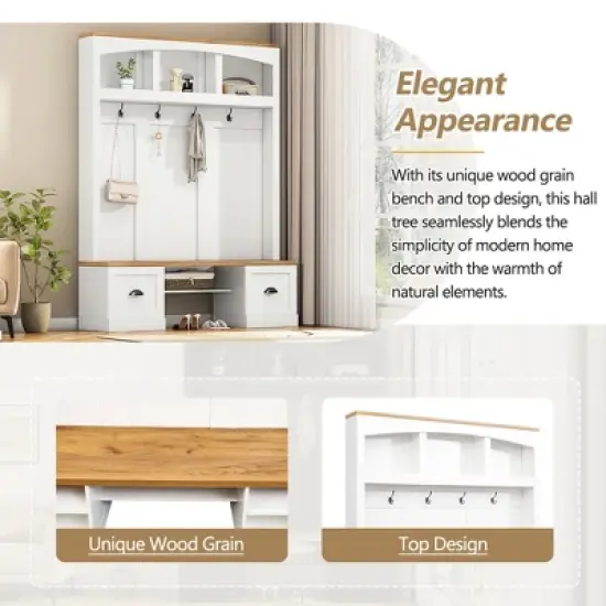 TIRAMISUBEST Farmhouse 4-in-1 Hall Tree with Bench - Entryway Organizer with Black Hooks & Adjustable Shelves, White image {5}