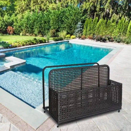 Outdoor Wicker Pool Float Storage, Rolling PE Rattan Caddy with Wheels, Poolside Organizer for Cushions, Noodles, Life Vests and Toys image {2}