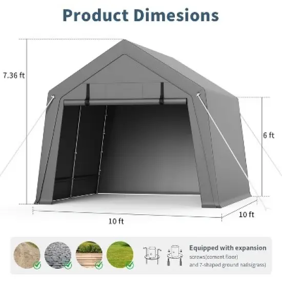 Portable Carport Storage Shed with Roll-up Zipper Door, Heavy Duty Waterproof Tarp, Storage for Motorcycle, Bike, Garden Tools, Gray image {1}