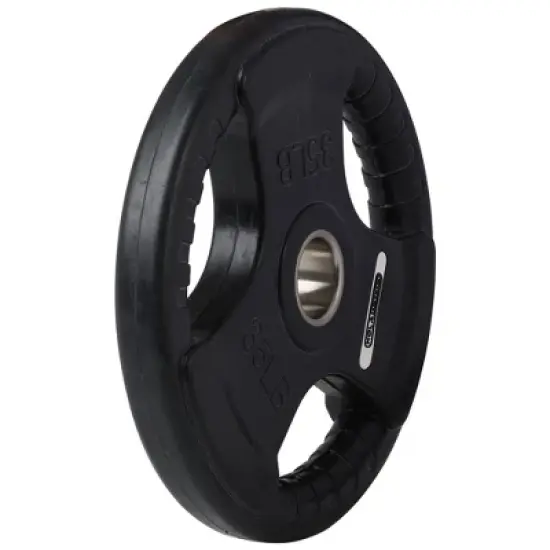 HolaHatha 35-Pound Olympic Rubber Coated Solid Cast Iron Weight Plate with Tri Grip Handle for Full Body Strength Training Workouts, Black image {2}