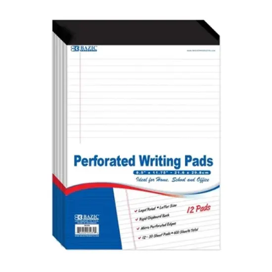 BAZIC Products&reg; Perforated Writing Pads, 8.5" x 11.75", White, 50 Sheets, Pack of 12 image {7}