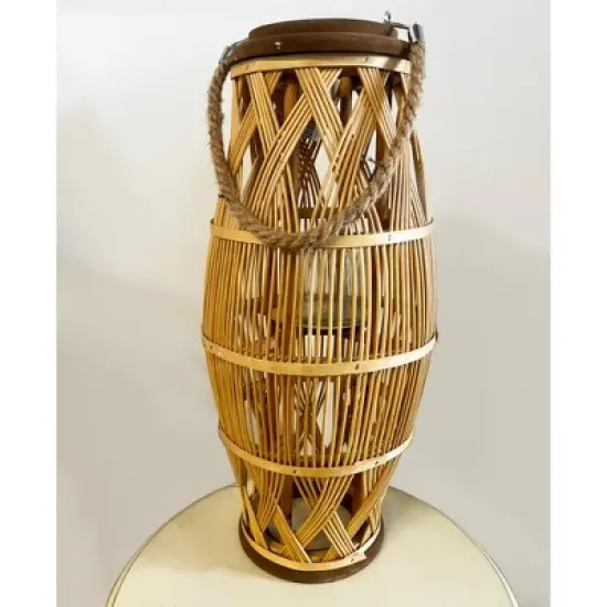 Essential Decor & Beyond 20.5" Tropical Bamboo Hanging Lantern With Glass Candle Holder and Rope Handle Decorative Accent image {3}