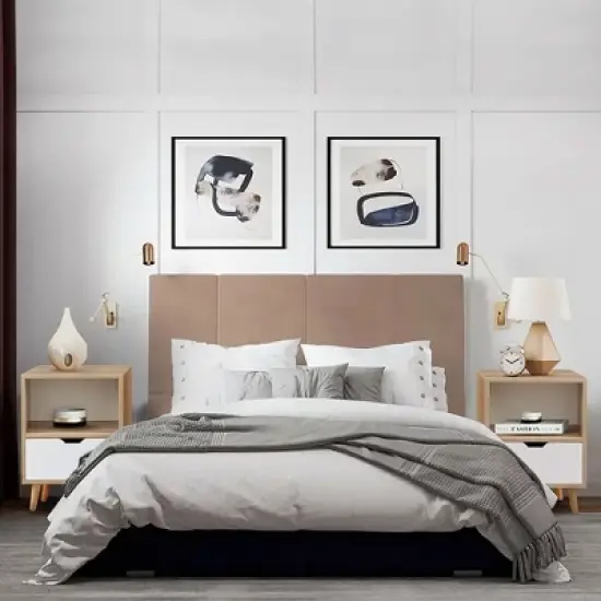 Sweetgo Modern Wooden Bedroom 2-Tier Nightstand End Side Table with Open Shelf, 4 Anti-Slip Rubber Padded Legs, & 1 Storage Drawer, Tan, Set of 2 image {4}