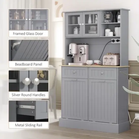 HOMCOM 68" Kitchen Pantry Cabinet with Charging Station, 2 Tilt Out Trash Cabinets and Microwave Stand, Modern Storage Cabinet image {5}