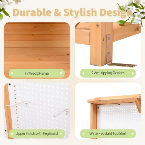 Hrinhom 50.2"W  Patio Potting Bench Table, Wooden Farmhouse Garden Workstation with Storage Shelves and Side Hook image {3}