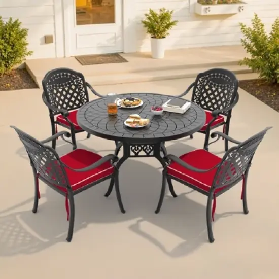 5-Piece Cast Aluminum Outdoor Dining Set: Round Table, Stackable Chairs & Red Cushions - All-Weather Patio Furniture for Your Backyard image {10}