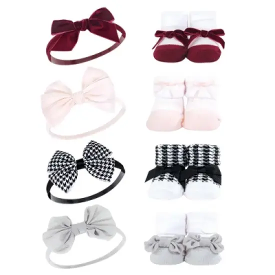 Hudson Baby Infant Girl 16Pc Headband and Socks Set, Classic Neutrals Houndstooth Burgundy, One Size image {2}
