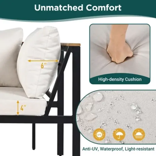 Patio Sectional Sofa Set, Outdoor Iron-Wood Seating Group Conversation Set with Side Table and Cushions for Garden, Backyard -ModernLuxe image {6}