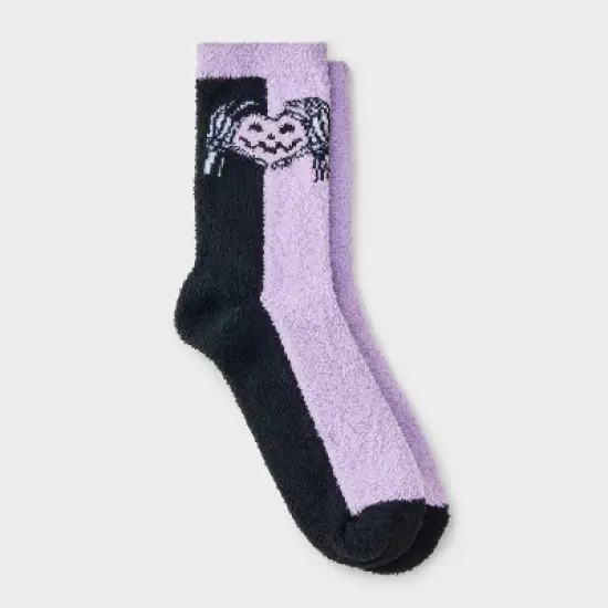Women's Skeleton Heart Hands Jack - o' - Lantern Halloween Cozy Crew Socks - Hyde and EEK! Boutique&trade; Purple/Black/White 4 - 10 image {3}