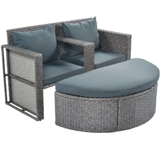 2pc Outdoor Wicker Conversation Sectional Set with Cushions & Half-Moon Side Table for Umbrella - Gray - GODEER image {4}