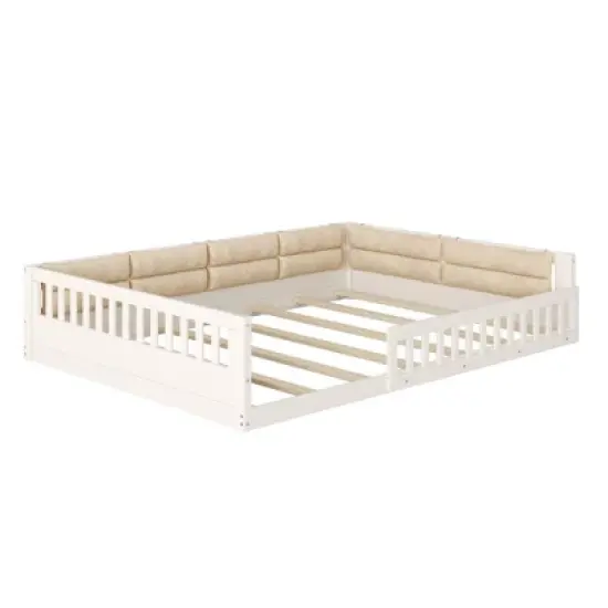 Full Size Upholstered Platform Bed Frame, Toddler Beds with Guardrail and Pillow 4W, Beige/Gray -ModernLuxe image {5}