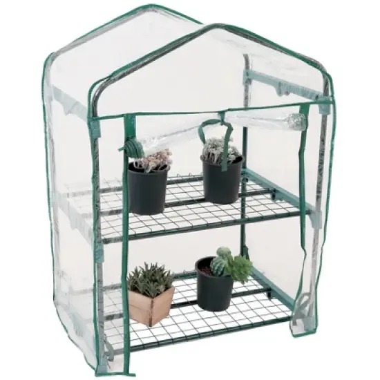 Sunnydaze Outdoor Portable Growing Rack 2-Tier Greenhouse with PVC Roll-Up Door - 2 Shelves - Clear image {10}