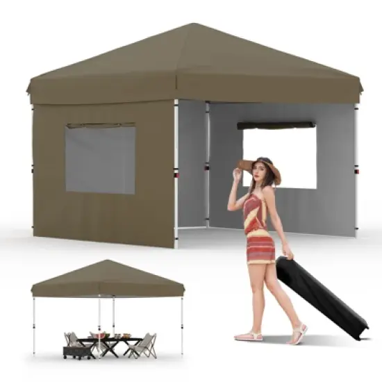 10x10 Pop Up Canopy with 3 Sidewalls - Easy Up Camping Tent with One Button Push Setup for Deck, Garden, Sports, Beach, Party image {9}