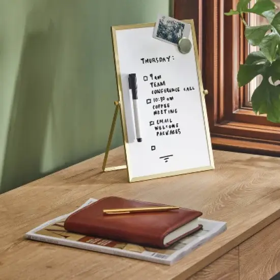 8"x12" Gold Framed Easel Desktop Dry Erase Board - Threshold&trade;: Office Supplies, MDF & Aluminum, White Presentation Board image {1}