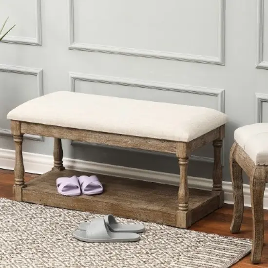 LuxenHome Upholstered Beige Linen Entryway and Bedroom Bench. image {5}