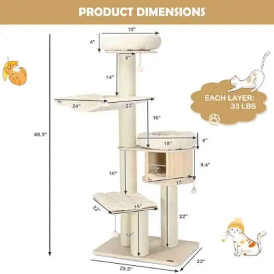 Tangkula 68.5" Cat Tree Condo 4-Layer Wooden Kitten Activity Tower w/ Sisal Posts image {8}