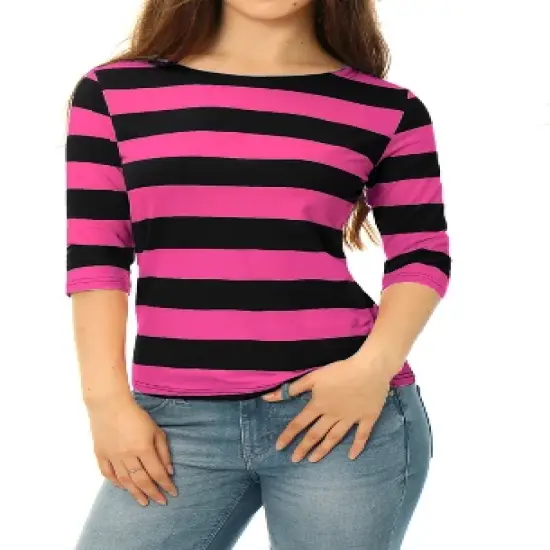 Allegra K Women's Elbow Sleeves Casual Basic Boat Neck Slim Fit T-Shirts image {18}