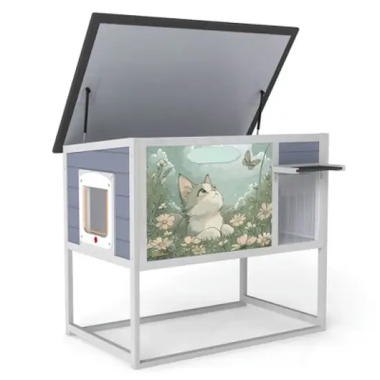 Resenkos Elevated Cat Shelter, Weatherproof Feral Home With High Legs, Curtained & Escape Door, Openable Top, Gray image {9}