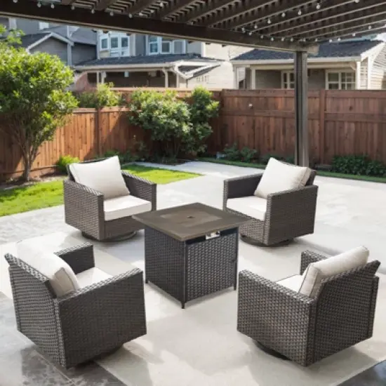 POCASSY 5 Pieces Outdoor Furniture Set with Fire Pit Table - All Weather Brown Wicker Swivel Patio Chairs Set of 4 with 30" Propane Firepit Table image {1}