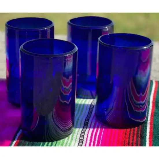 Dos Sue&ntilde;os Mexican Hand Blown Drinking Glasses - Pure Cobalt Design - 14oz - Set of 4 image {2}